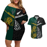South Africa and New Zealand Couples Matching Off Shoulder Short Dress and Hawaiian Shirt King Protea and Silver Fern Mix Culture Pattern LT03 Black - Polynesian Pride