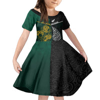 South Africa and New Zealand Family Matching Short Sleeve Bodycon Dress and Hawaiian Shirt King Protea and Silver Fern Mix Culture Pattern LT03 Daughter's Dress Black - Polynesian Pride