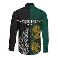 Personalised South Africa and New Zealand Long Sleeve Button Shirt King Protea and Silver Fern Mix Culture Pattern LT03 - Polynesian Pride
