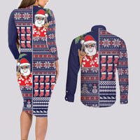 Hawaii Mele Kalikimaka Couples Matching Long Sleeve Bodycon Dress and Long Sleeve Button Shirt Aloha and Christmas Elements Patchwork Blue Style LT03 - Polynesian Pride