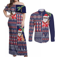 Hawaii Mele Kalikimaka Couples Matching Off Shoulder Maxi Dress and Long Sleeve Button Shirt Aloha and Christmas Elements Patchwork Blue Style LT03 Blue - Polynesian Pride