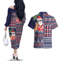 Hawaii Mele Kalikimaka Couples Matching Off The Shoulder Long Sleeve Dress and Hawaiian Shirt Aloha and Christmas Elements Patchwork Blue Style LT03 - Polynesian Pride