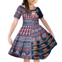 Hawaii Mele Kalikimaka Kid Short Sleeve Dress Aloha and Christmas Elements Patchwork Blue Style LT03 KID Blue - Polynesian Pride