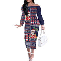 Hawaii Mele Kalikimaka Off The Shoulder Long Sleeve Dress Aloha and Christmas Elements Patchwork Blue Style LT03 Women Blue - Polynesian Pride