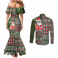 Hawaii Mele Kalikimaka Couples Matching Mermaid Dress and Long Sleeve Button Shirt Aloha and Christmas Elements Patchwork Green Style LT03 - Polynesian Pride