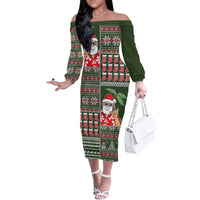 Hawaii Mele Kalikimaka Family Matching Off Shoulder Long Sleeve Dress and Hawaiian Shirt Aloha and Christmas Elements Patchwork Green Style LT03 Mom's Dress Green - Polynesian Pride