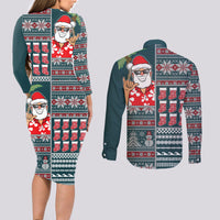 Hawaii Mele Kalikimaka Couples Matching Long Sleeve Bodycon Dress and Long Sleeve Button Shirt Aloha and Christmas Elements Patchwork Turquoise Style LT03 - Polynesian Pride