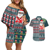 Hawaii Mele Kalikimaka Couples Matching Off Shoulder Short Dress and Hawaiian Shirt Aloha and Christmas Elements Patchwork Turquoise Style LT03 Turquoise - Polynesian Pride