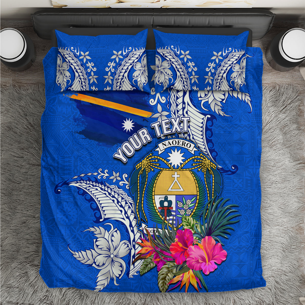 Personalised Nauru Coat of Arms Bedding Set Tropical Flower Polynesian Pattern LT03 Blue - Polynesian Pride