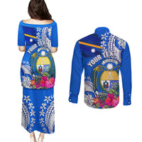 Personalised Nauru Coat of Arms Couples Matching Puletasi and Long Sleeve Button Shirt Tropical Flower Polynesian Pattern LT03 - Polynesian Pride