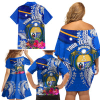 Personalised Nauru Coat of Arms Family Matching Off Shoulder Short Dress and Hawaiian Shirt Tropical Flower Polynesian Pattern LT03 - Polynesian Pride