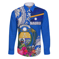 Personalised Nauru Coat of Arms Family Matching Short Sleeve Bodycon Dress and Hawaiian Shirt Tropical Flower Polynesian Pattern LT03 Dad's Shirt - Long Sleeve Blue - Polynesian Pride