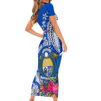 Personalised Nauru Coat of Arms Family Matching Short Sleeve Bodycon Dress and Hawaiian Shirt Tropical Flower Polynesian Pattern LT03 - Polynesian Pride