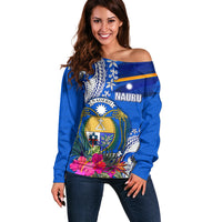 Personalised Nauru Coat of Arms Off Shoulder Sweater Tropical Flower Polynesian Pattern LT03 Women Blue - Polynesian Pride
