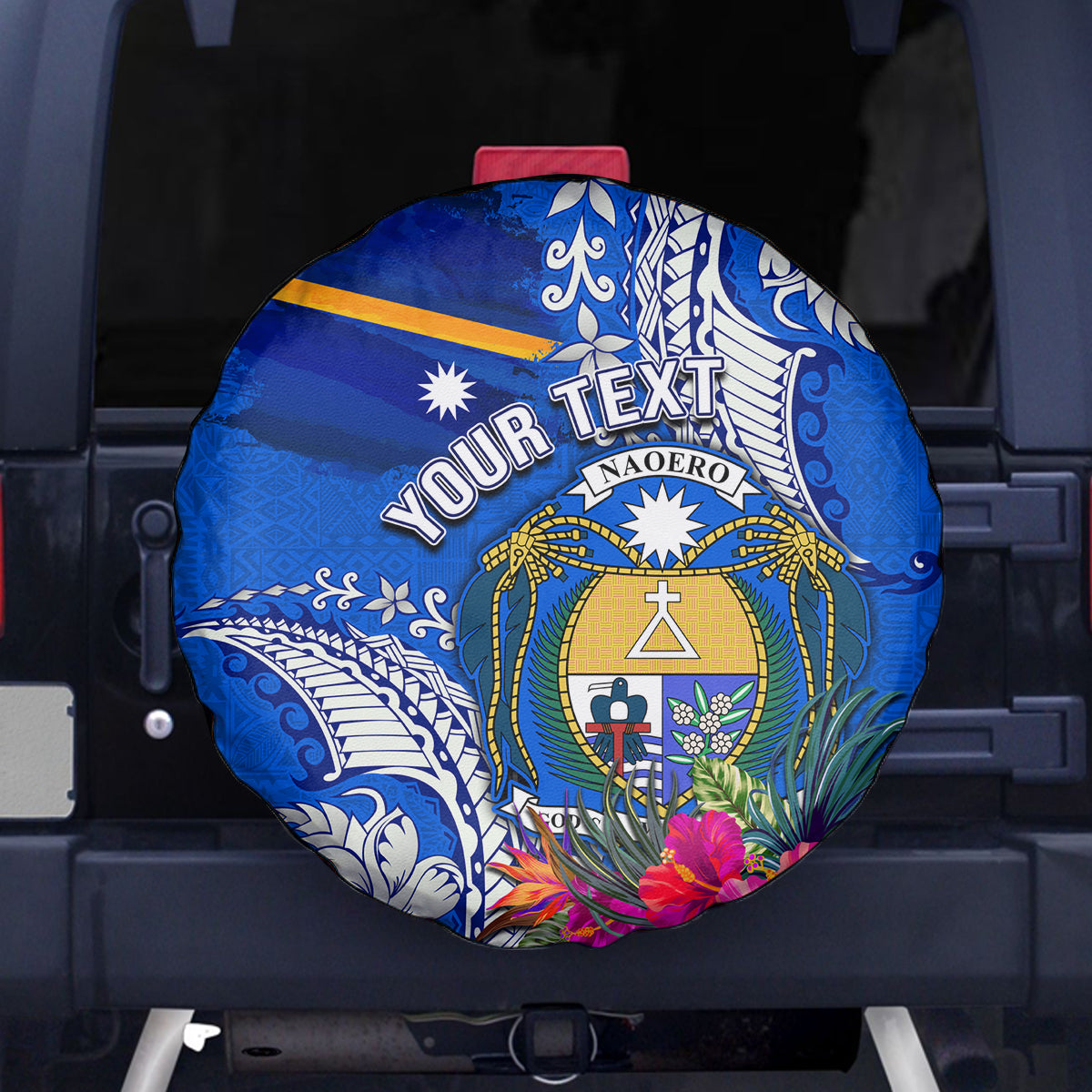 Personalised Nauru Coat of Arms Spare Tire Cover Tropical Flower Polynesian Pattern LT03 Blue - Polynesian Pride