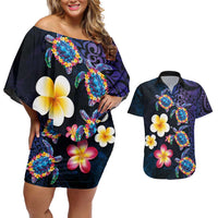 Hawaiian Turtles and Plumeria Couples Matching Off Shoulder Short Dress and Hawaiian Shirt Polynesian Art Tribal Tattoo Dark Aqua Color