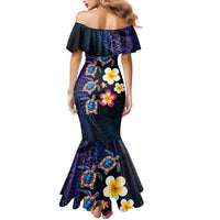 Hawaiian Turtles and Plumeria Mermaid Dress Polynesian Art Tribal Tattoo Dark Aqua Color