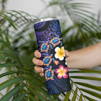 Hawaiian Turtles and Plumeria Skinny Tumbler Polynesian Art Tribal Tattoo Dark Aqua Color