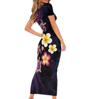 Hawaiian Turtles and Plumeria Short Sleeve Bodycon Dress Polynesian Art Tribal Tattoo Deep Violet Color