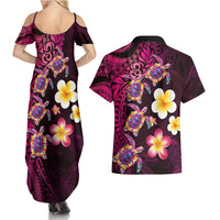 Hawaiian Turtles and Plumeria Couples Matching Summer Maxi Dress and Hawaiian Shirt Polynesian Art Tribal Tattoo Cerise