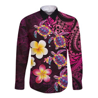 Hawaiian Turtles and Plumeria Long Sleeve Button Shirt - Polynesian Art Tribal Tattoo Cerise LT03
