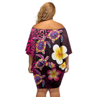 Hawaiian Turtles and Plumeria Off Shoulder Short Dress Polynesian Art Tribal Tattoo Cerise