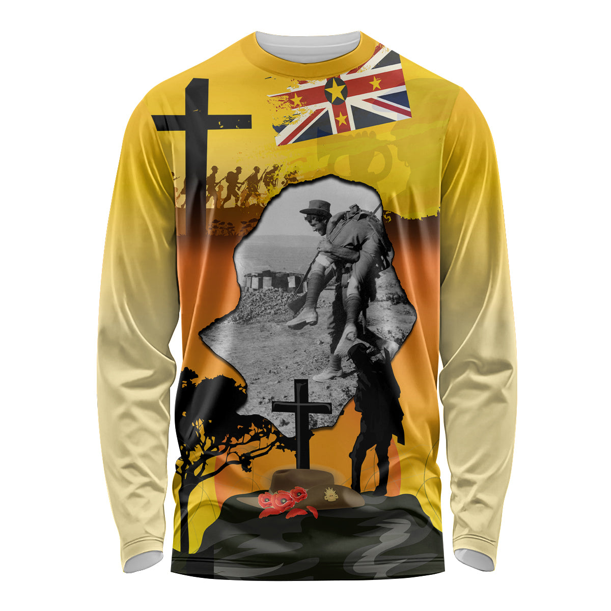 Niue ANZAC Day Long Sleeve Shirt Soldier and Gallipoli Lest We Forget LT03 Unisex Yellow - Polynesian Pride