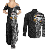 American Samoa Flag Day Couples Matching Summer Maxi Dress and Long Sleeve Button Shirt Tribal Tattoo with Eagle Black LT03 - Polynesian Pride