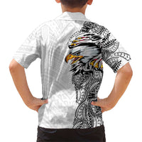 American Samoa Flag Day Family Matching Off The Shoulder Long Sleeve Dress and Hawaiian Shirt Tribal Tattoo with Eagle White