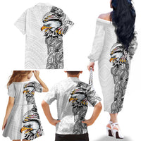 American Samoa Flag Day Family Matching Off The Shoulder Long Sleeve Dress and Hawaiian Shirt Tribal Tattoo with Eagle White