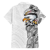 American Samoa Flag Day Family Matching Off The Shoulder Long Sleeve Dress and Hawaiian Shirt Tribal Tattoo with Eagle White