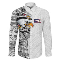American Samoa Flag Day Family Matching Off The Shoulder Long Sleeve Dress and Hawaiian Shirt Tribal Tattoo with Eagle White