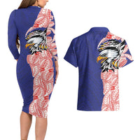 American Samoa Flag Day Couples Matching Long Sleeve Bodycon Dress and Hawaiian Shirt Tribal Tattoo with Eagle Blue-Red
