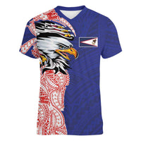 American Samoa Flag Day Women V-Neck T-Shirt Tribal Tattoo with Eagle Blue-Red LT03 Female Blue - Polynesian Pride
