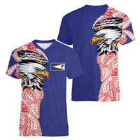 American Samoa Flag Day Women V-Neck T-Shirt Tribal Tattoo with Eagle Blue-Red LT03 - Polynesian Pride