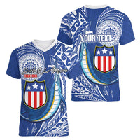 Personalised American Samoa Flag Day Women V-Neck T-Shirt Fautasi Race Fagatogo-Iseula O Le Moana Sailfish Tribal Style