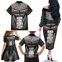 New Zealand Hei Tiki Family Matching Off Shoulder Long Sleeve Dress and Hawaiian Shirt Maori Green Papua Shell Pattern LT03 - Polynesian Pride
