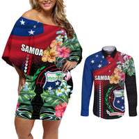 Personalised Samoa Indenpendence Day Couples Matching Off Shoulder Short Dress and Long Sleeve Button Shirt Tropical Samoan Coat of Arms With Siapo Pattern LT03 Black - Polynesian Pride