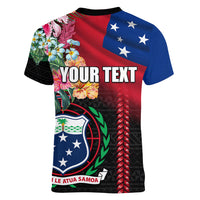 Personalised Samoa Indenpendence Day Women V Neck T Shirt Tropical Samoan Coat of Arms With Siapo Pattern LT03 - Polynesian Pride