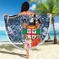 Fiji Day Beach Blanket Traditional Tapa with Hibiscus and Emblems