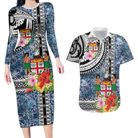 Fiji Day Couples Matching Long Sleeve Bodycon Dress and Hawaiian Shirt Traditional Tapa with Hibiscus and Emblems