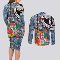 Fiji Day Couples Matching Long Sleeve Bodycon Dress and Long Sleeve Button Shirt Traditional Tapa with Hibiscus and Emblems
