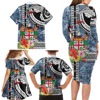 Fiji Day Family Matching Long Sleeve Bodycon Dress and Hawaiian Shirt Traditional Tapa with Hibiscus and Emblems