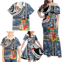 Fiji Day Family Matching Off Shoulder Maxi Dress and Hawaiian Shirt Traditional Tapa with Hibiscus and Emblems