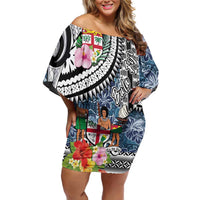 Fiji Day Family Matching Off Shoulder Short Dress and Hawaiian Shirt Traditional Tapa with Hibiscus and Emblems