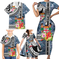 Fiji Day Family Matching Short Sleeve Bodycon Dress and Hawaiian Shirt Traditional Tapa with Hibiscus and Emblems