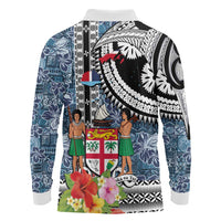 Fiji Day Long Sleeve Polo Shirt Traditional Tapa with Hibiscus and Emblems