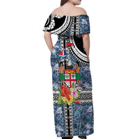 Fiji Day Off Shoulder Maxi Dress Traditional Tapa with Hibiscus and Emblems