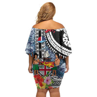 Fiji Day Off Shoulder Short Dress Traditional Tapa with Hibiscus and Emblems