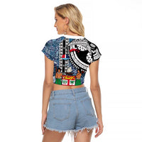 Fiji Day Raglan Cropped T Shirt Traditional Tapa with Hibiscus and Emblems